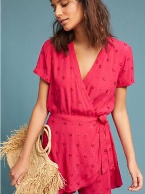 Anthropologie Pink Wrap Romper